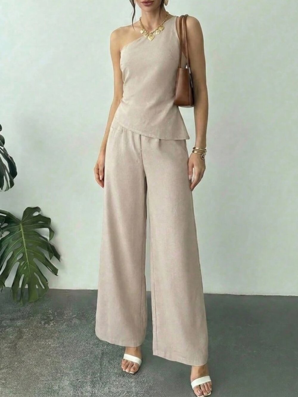 Cream Taupe One-Shoulder Top & Wide Leg Pants Two Piece Set